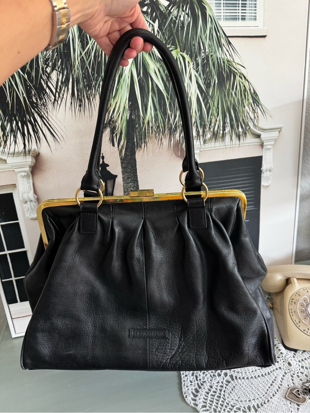 RARE vintage BCBG Max Azria black leather frame satchel doctor bag Y2K